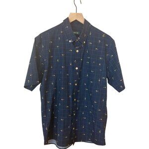 Orvis Active Fit Button Down Shirt Navy Grid Fly Fishing Print Short Sleeve Med